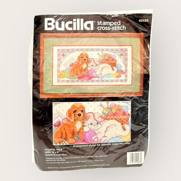 Vintage Bucilla Stamped Cross Stitch Kit Playful Pals 16 x 8 Puppy Kitten Yarn - Picture 1 of 3